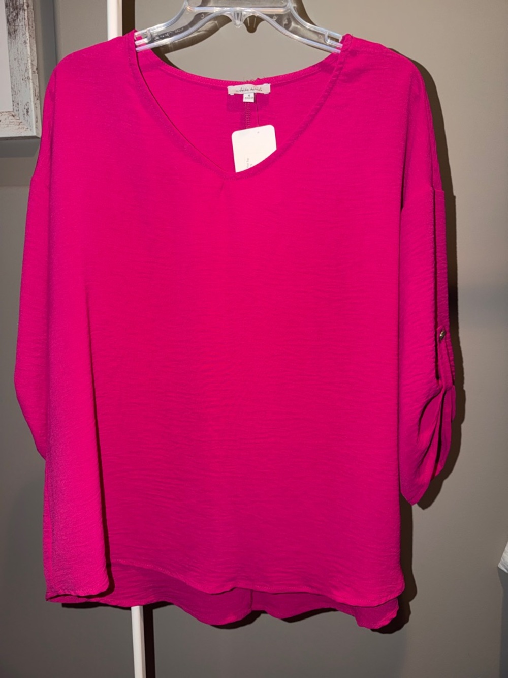 white birch Fuchsia V-Neck Roll-Tab Sleeve Blouse